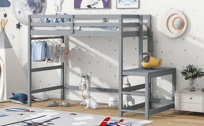 Twin Size High Loft Bed With Ladder Landing Platform, Ladders, Guardrails - Gray