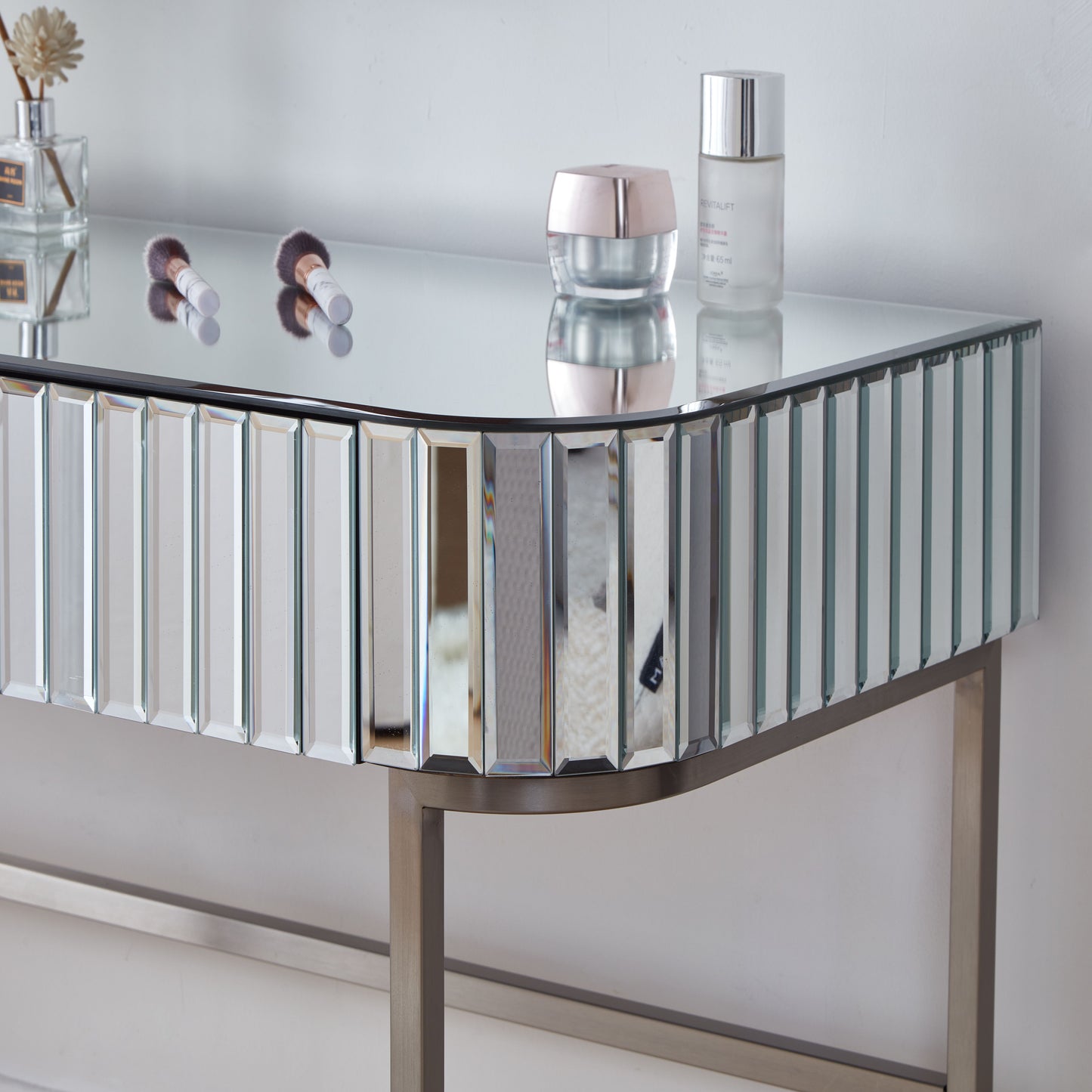 Mirrored Makeup Vanity Table With Stainless Steel Base, Mirrored Console Dressing Table With 2 Drawers, Versatile Desk For Bedroom And Office - Silver