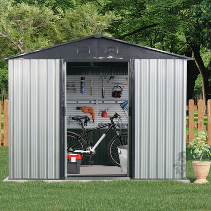 8Ft X 4Ft Outdoor Metal Storage Shed With Window And Metal Foundation For Backyard, Patio, Lawn - White / Black