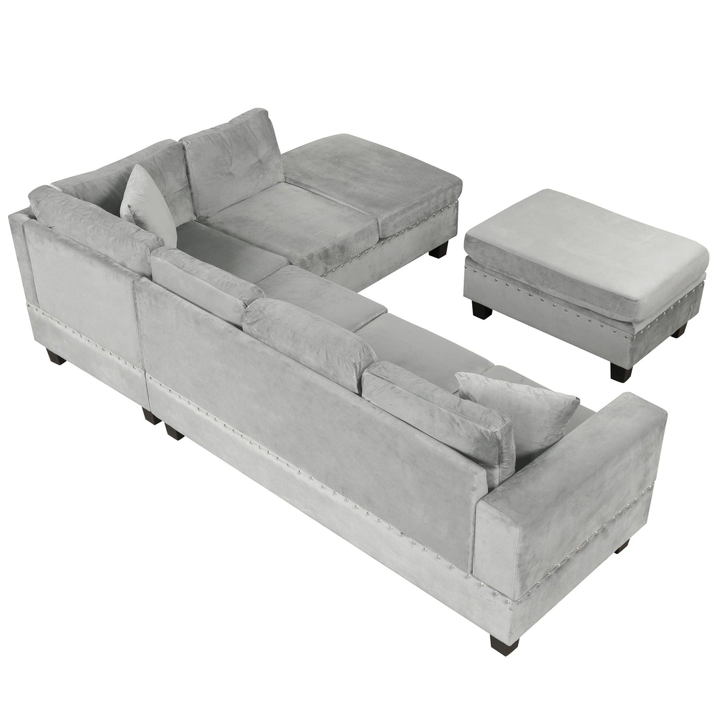 Modern Sectional Sofa With Storage Ottoman, L - Shape Couch With 2 Pillows And Cup Holders - Gray