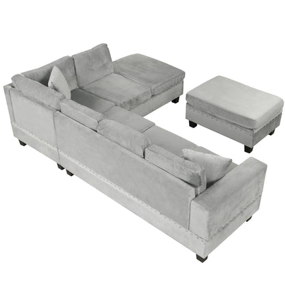 Modern Sectional Sofa With Storage Ottoman, L - Shape Couch With 2 Pillows And Cup Holders - Gray