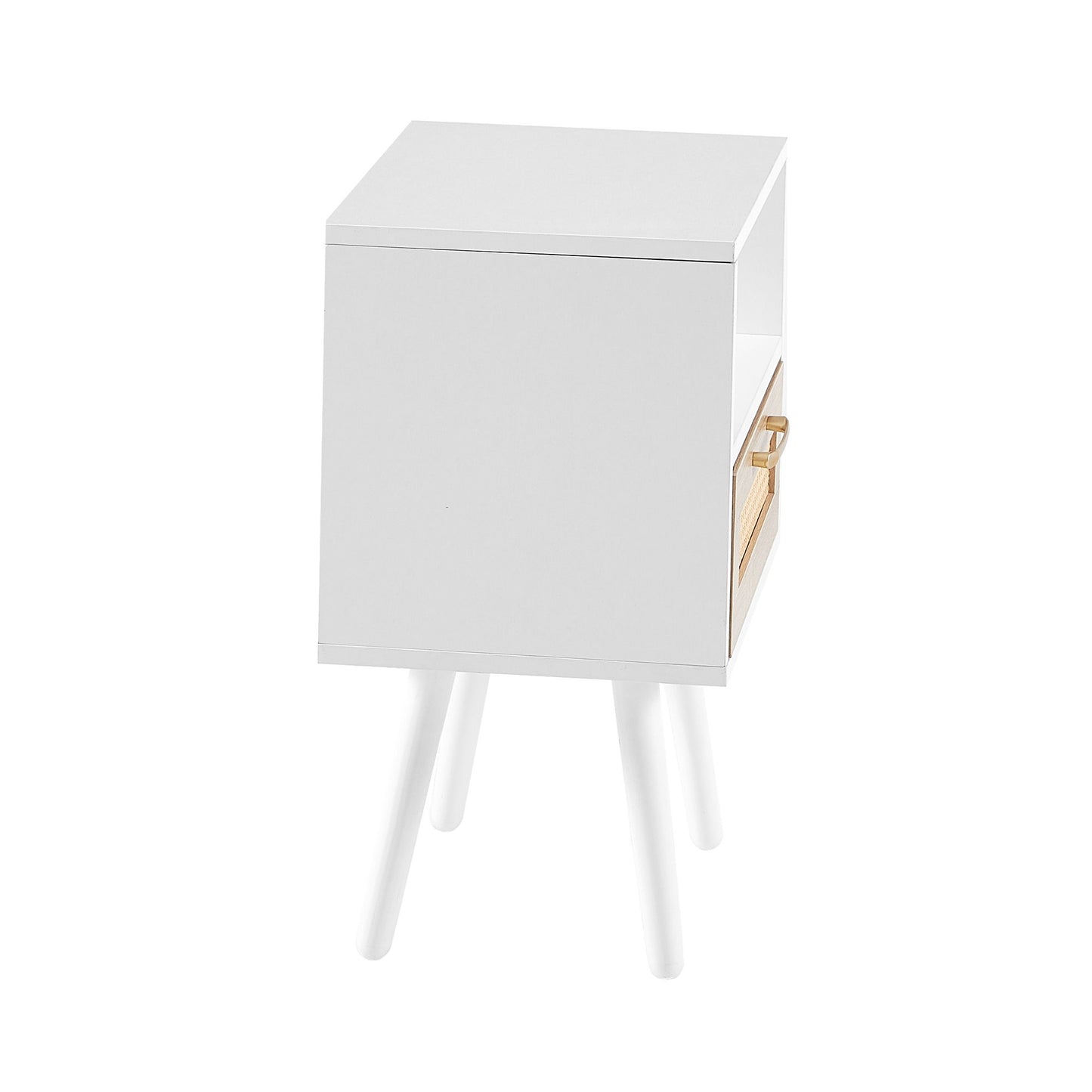 15.75" Rattan End Table With Drawer And Solid Wood Legs, Modern Nightstand, Side Table For Living Room, Bedroom - White