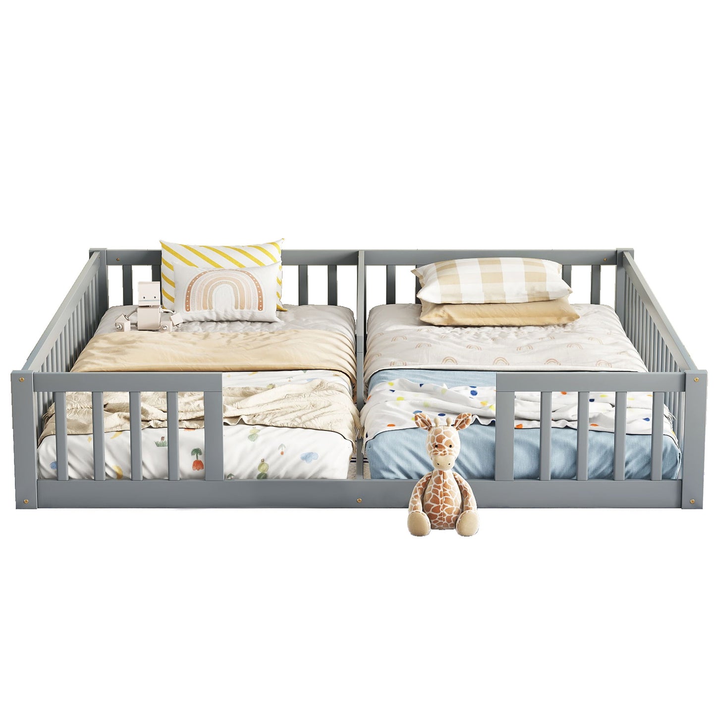 Double Twin Floor Bed With Fence, Guardrails, Without Door - Gray