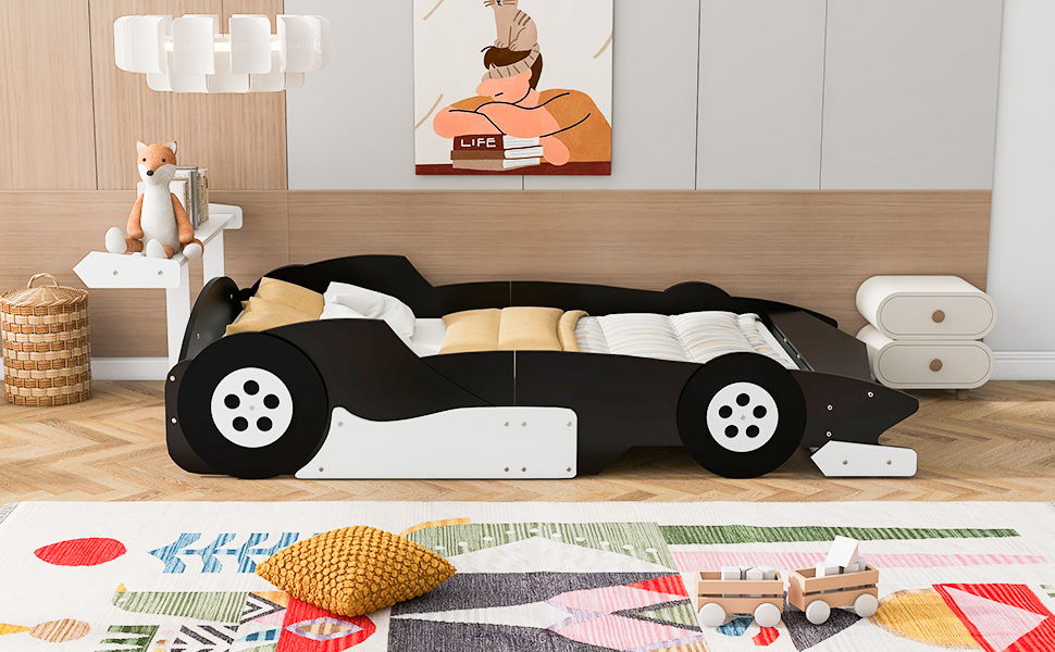 Full Size Race Car Shaped Platform Bed With Wheels - Black