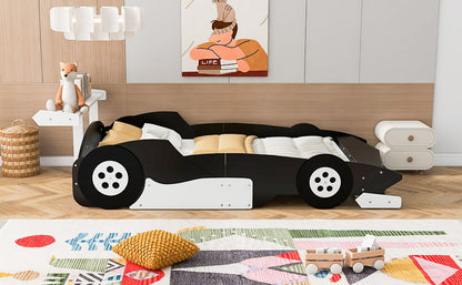 Full Size Race Car Shaped Platform Bed With Wheels - Black