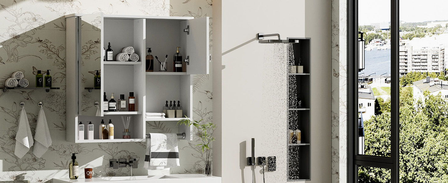 Modern Wall Mounted Bathroom Medicine Cabinet, Bathroom Wall Storage Cabinet With Mirror, Over The Toilet Space Saver Cabinet With Towels Bar - White