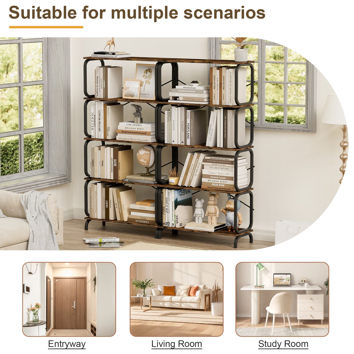 5 Tier Industrial Bookshelf, Rustic Brown Tall Bookcase With Open Wood & Metal Design, Vintage Storage Organizer - Black