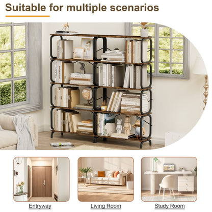 5 Tier Industrial Bookshelf, Rustic Brown Tall Bookcase With Open Wood & Metal Design, Vintage Storage Organizer - Black