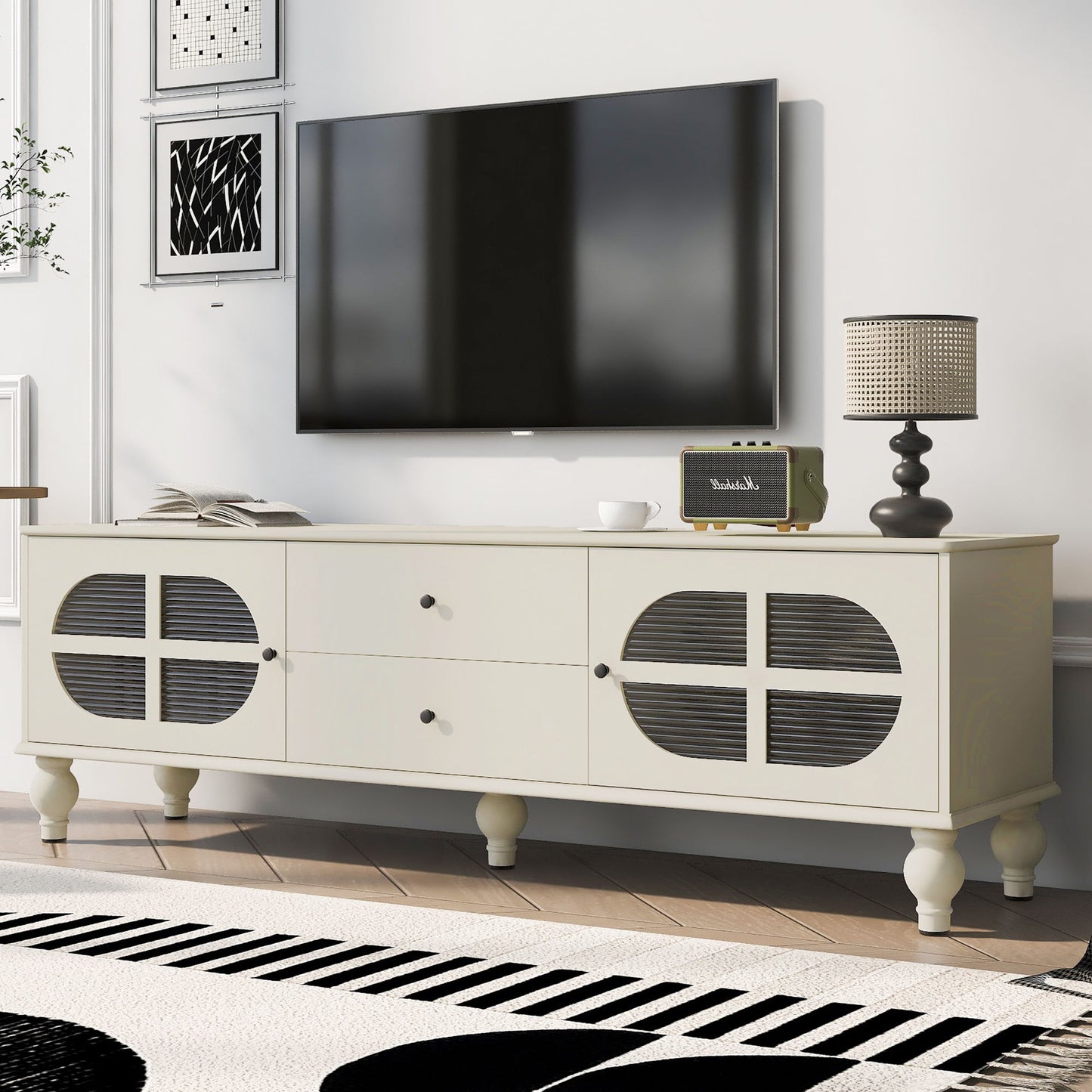 Modern TV Stand For TVs Up To 75", Entertainment Center Media Console With Fluted Glass Doors, 5 Solid Wood Legs For Living Room - Antique White