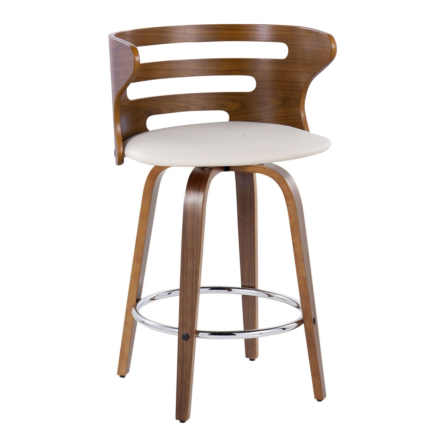 Cosini - Mid-Century Modern Fixed Height Barstool With Swivel With Round Footrest (Set of 2) - Walnut / Cream
