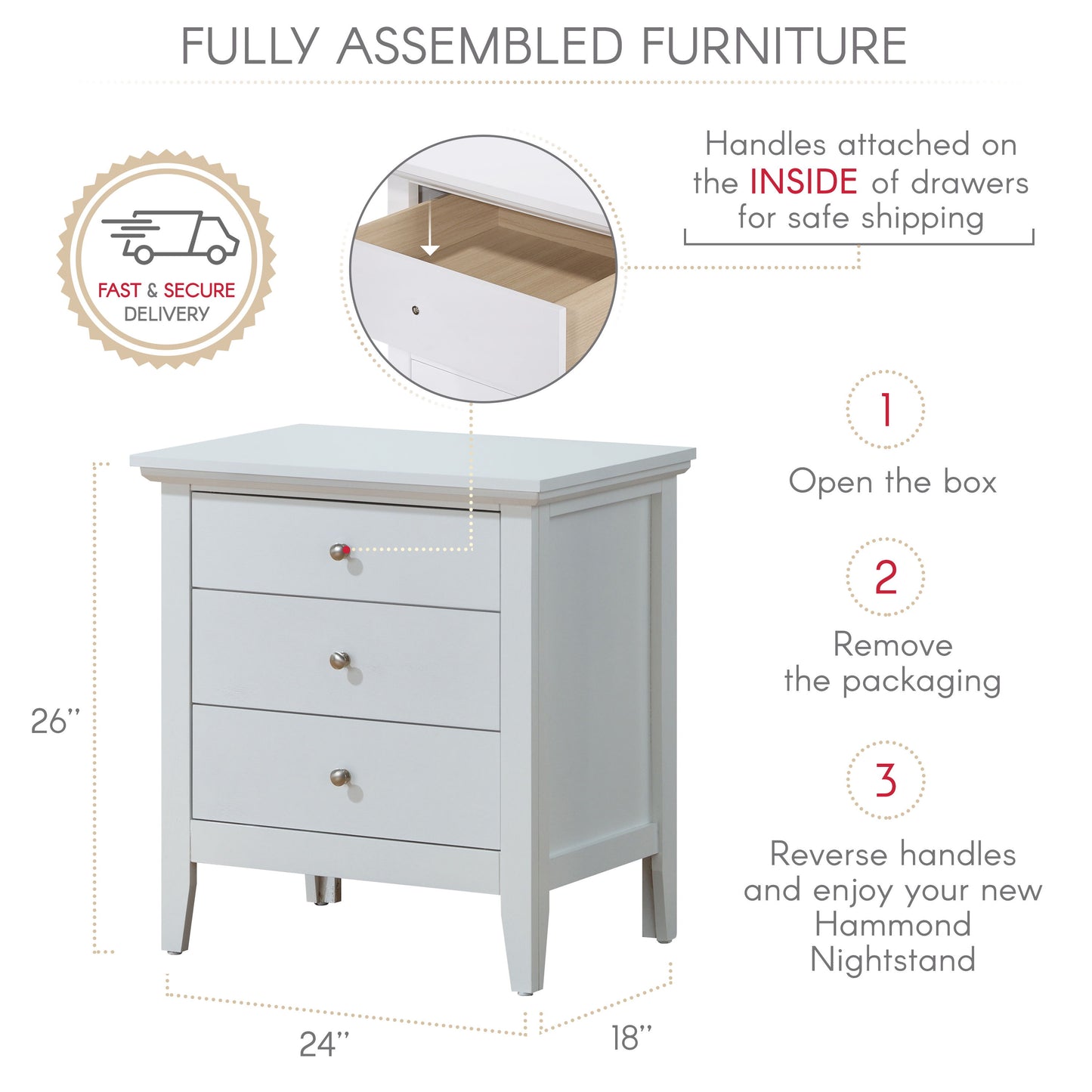 3 Drawer Nightstand - White