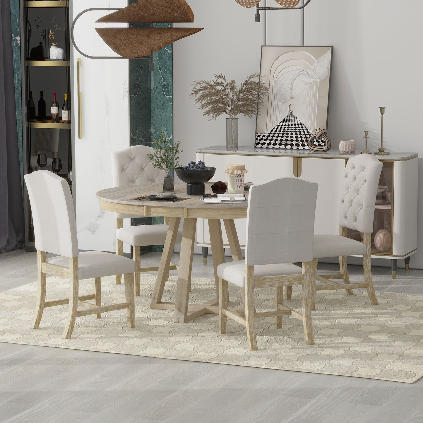 5 Piece Retro Functional Dining Set, Round Table With Leaf And 4 Upholstered Chairs For Dining Room And Living Room - Natural