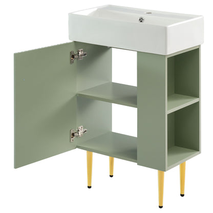 Bathroom Vanity, Combo Cabinet, Bathroom Storage Cabinet, Single Ceramic Sink, Right Side Storage - Green