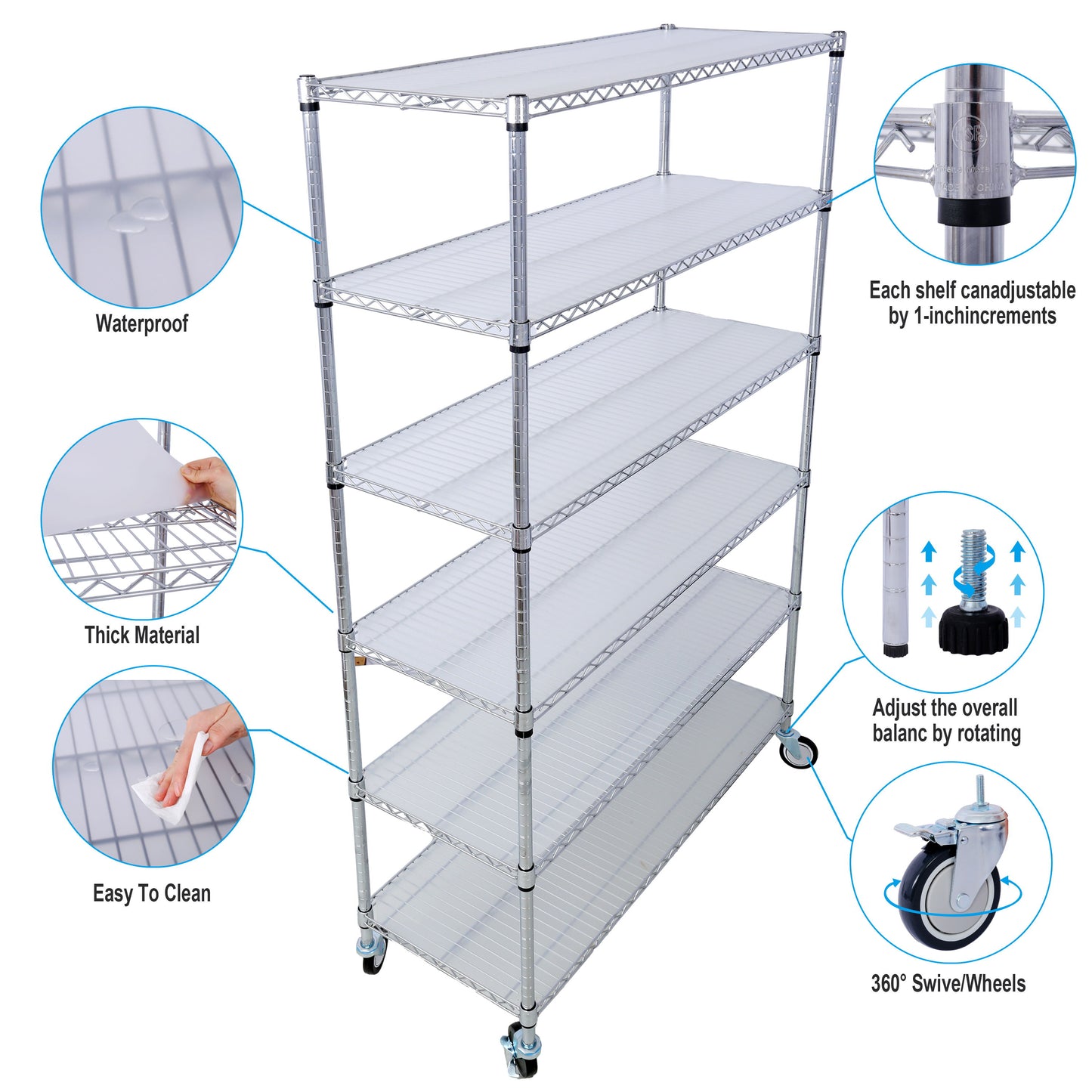 6 Tier 6000Lbs Capacity Nsf Metal Shelf Wire Shelving Unit, Heavy Duty Adjustable Storage Rack With Wheels & Shelf Liners For Commercial Grade Utility Steel Storage Rack - Chrome