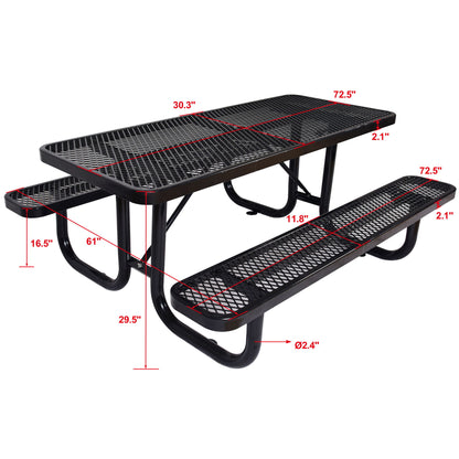 Rectangular Outdoor Steel Picnic Table With Umbrella Pole - Black