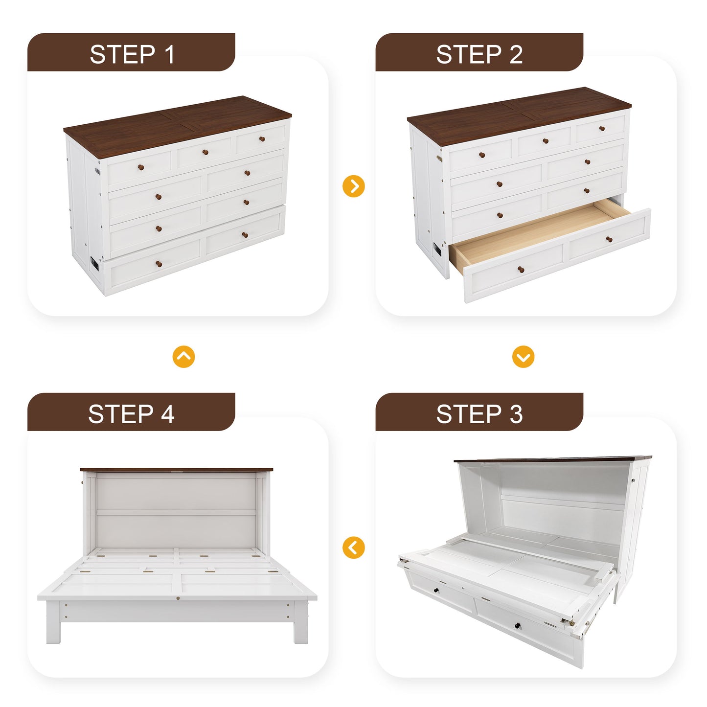 Queen Solid Pine Murphy Bed Chest With Charging Station And Large Storage Drawer For Home Office Or Small Room - White / Walnut