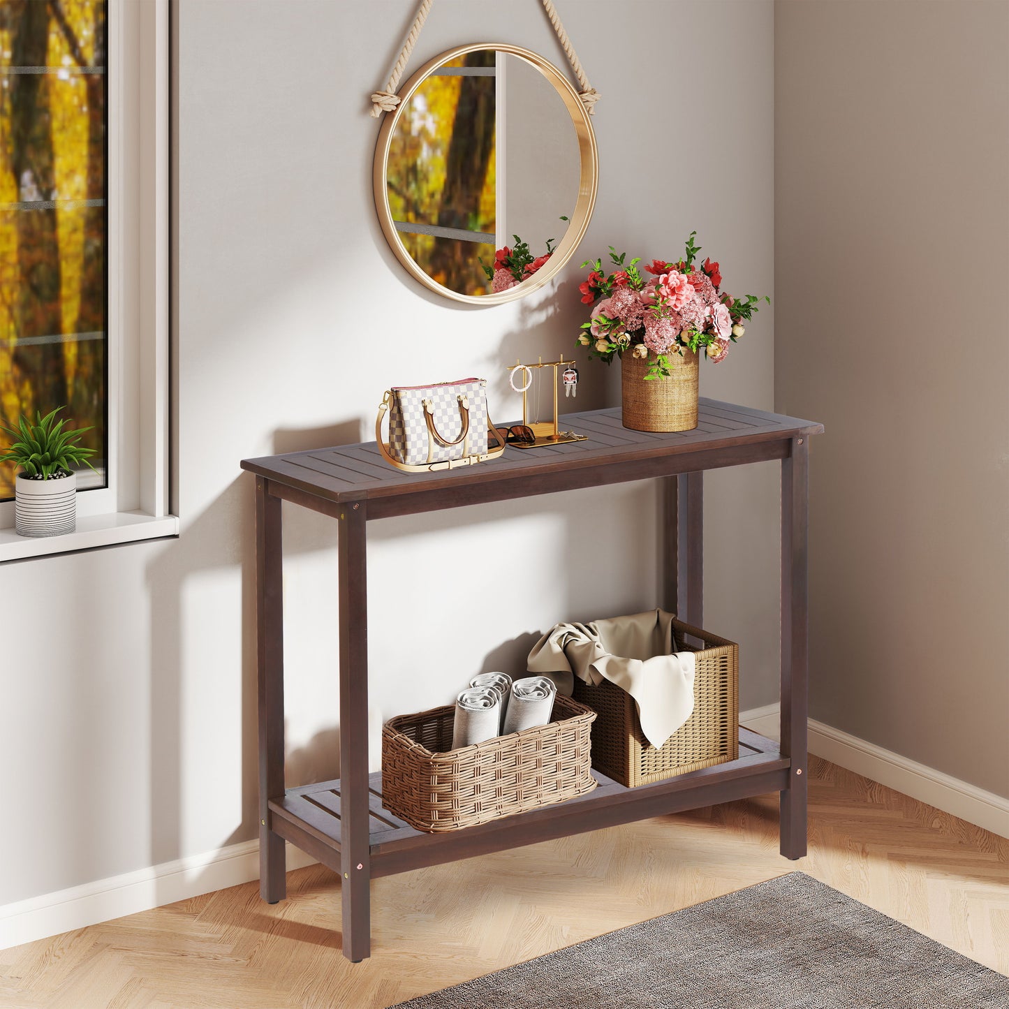 Workstation For Garden Balcony Garage, Acacia Console Potting Table - Brown