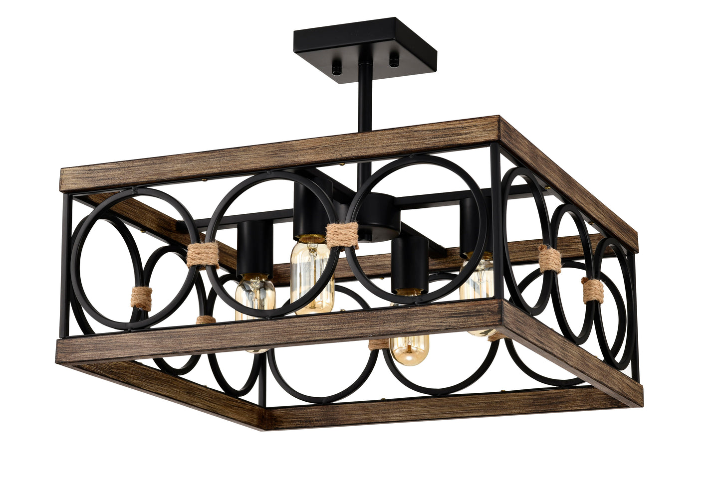 4 Light Square Kitchen Island Lights Ceiling Light Farmhouse Dining Room Light Fixture, Wood And Metal Rectangular Ceiling Light, Ceiling Lighting For Living Room, Conference Room, Home Office - Black