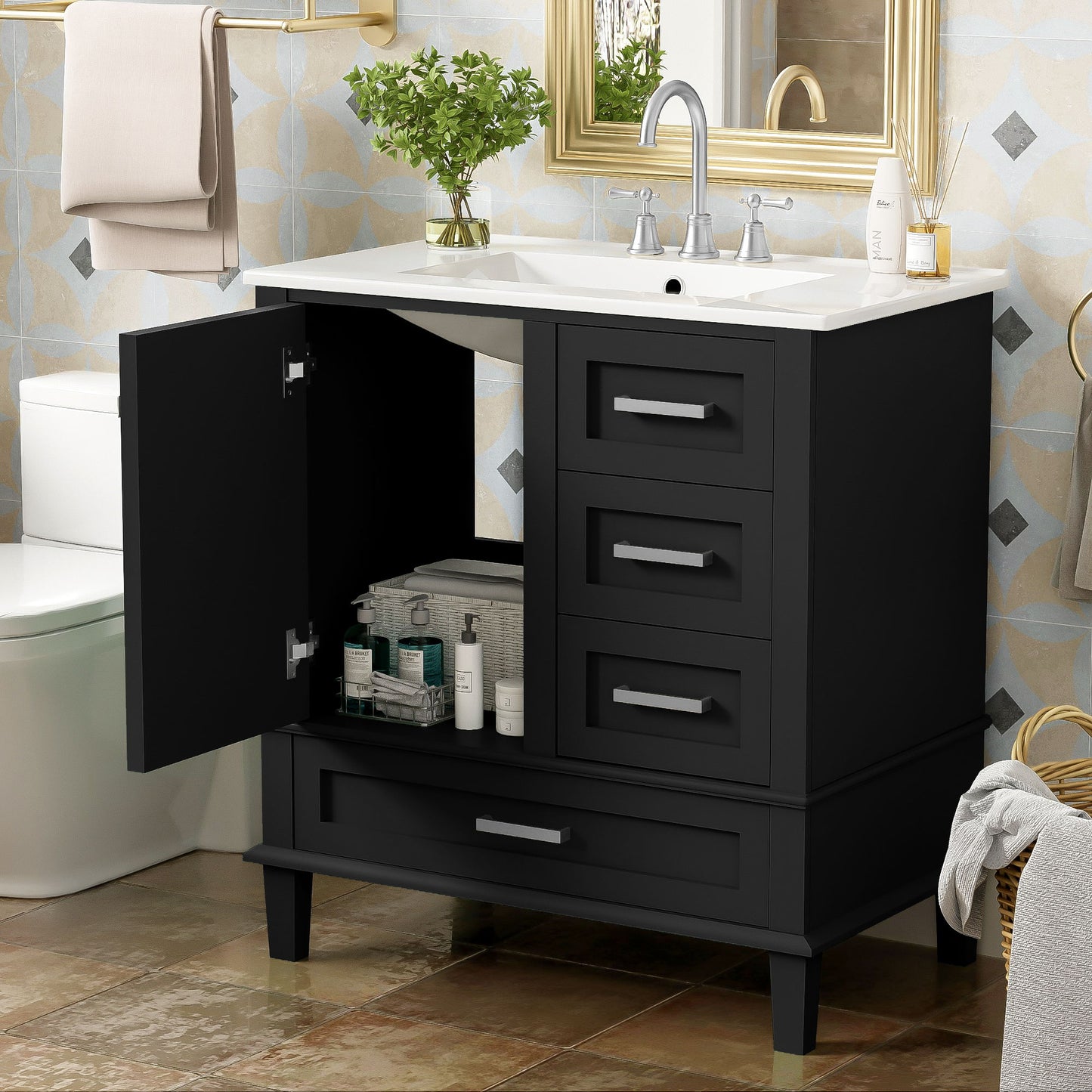 Bathroom Vanity, Modern Bathroom Cabinet With Sink Combo Set, Bathroom Storage Cabinet With A Soft Closing Door And 3 Drawers, Solid Wood Frame - Black