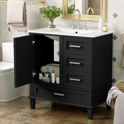Bathroom Vanity, Modern Bathroom Cabinet With Sink Combo Set, Bathroom Storage Cabinet With A Soft Closing Door And 3 Drawers, Solid Wood Frame - Black
