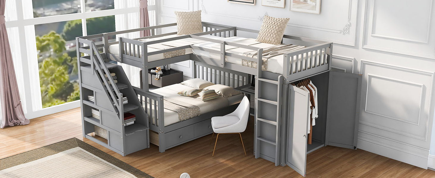 Twin Twin Over Full L Shaped Bunk Bed With 3 Drawers, Portable Desk And Wardrobe - Gray