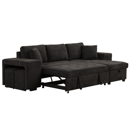 Modern L-Shape 3 Seat Reversible Sectional Couch, Pull Out Sleeper Sofa With Storage Chaise And 2 Stools For Living Room Furniture Set - Charcoal Gray