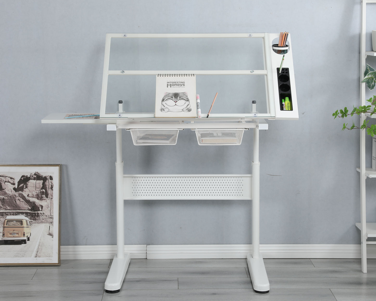 38.18" Hand Crank Adjustable Drafting Table Drawing Desk With 2 Metal Drawers With Stool - White
