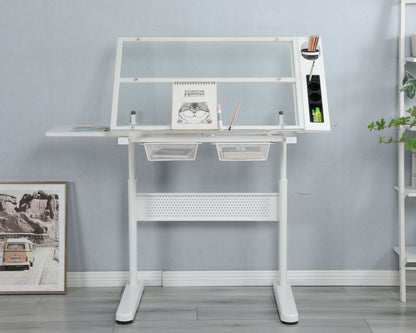 38.18" Hand Crank Adjustable Drafting Table Drawing Desk With 2 Metal Drawers With Stool - White