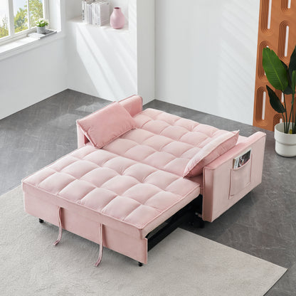 Modern Velvet Sofa, Sofa Pull-Out Bed, Small Love Seat Casual Sofa With Back, With Pillow, Pockets, Living Room Furniture, 3 In 1 Convertible Sleep Sofa Bed - Pink