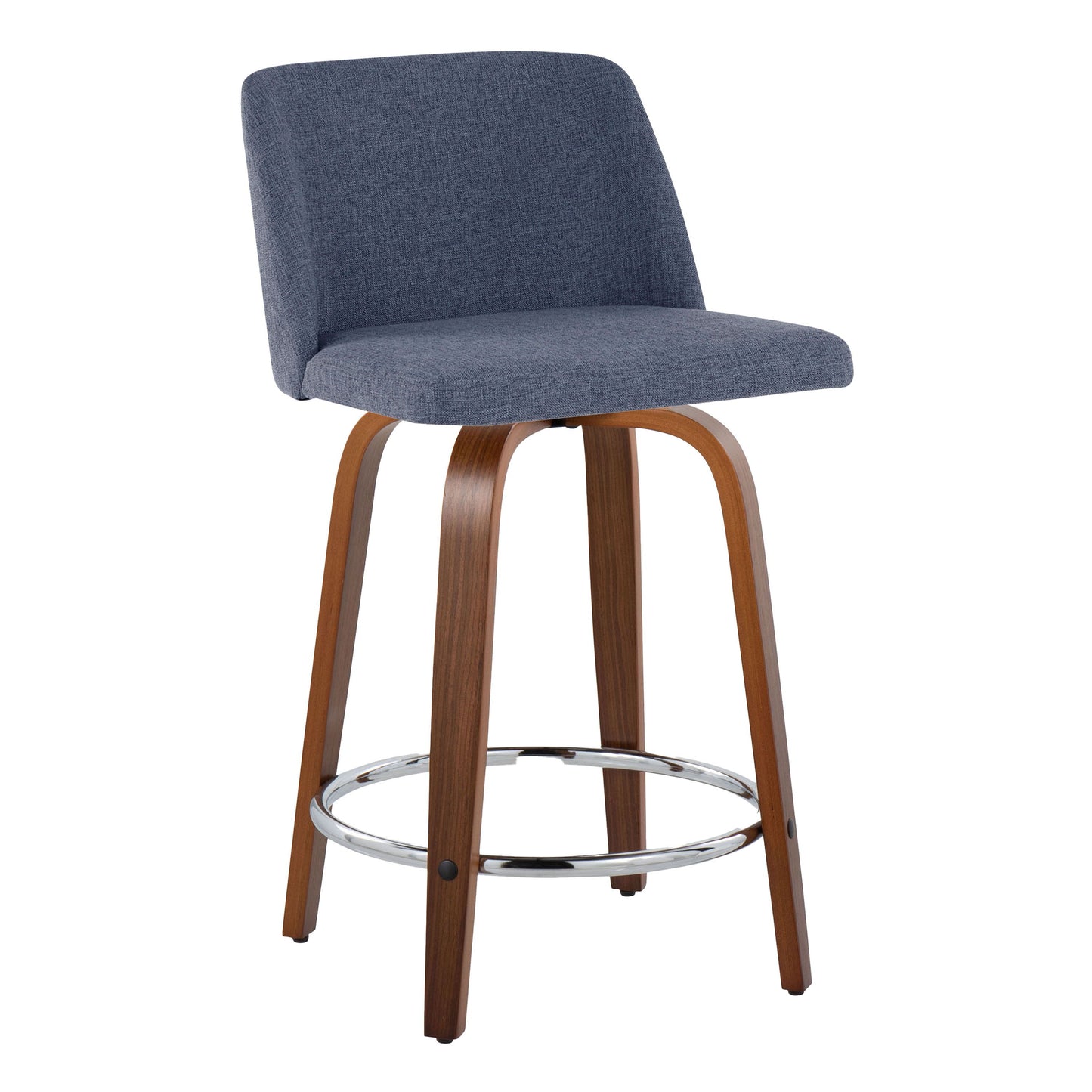 Toriano - Mid-Century Modern Fixed Height Counter Stool With Swivel With Round Footrest (Set of 2) - Walnut / Blue