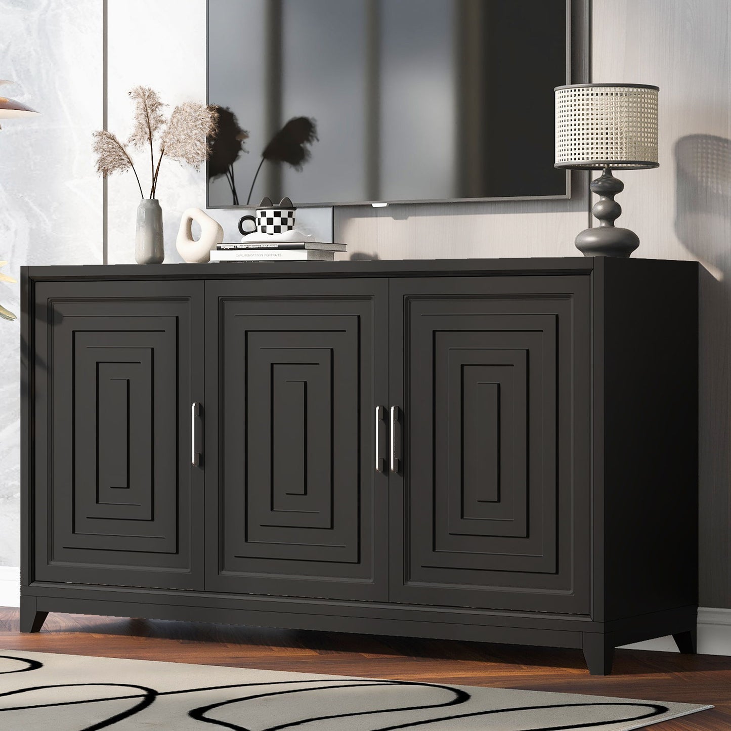 TV Stand For TVs Up To 65", Modern Entertainment Center Media Console Cabinet With 2 Spacious Storage Space, Solid Wood Legs For Living Room - Black