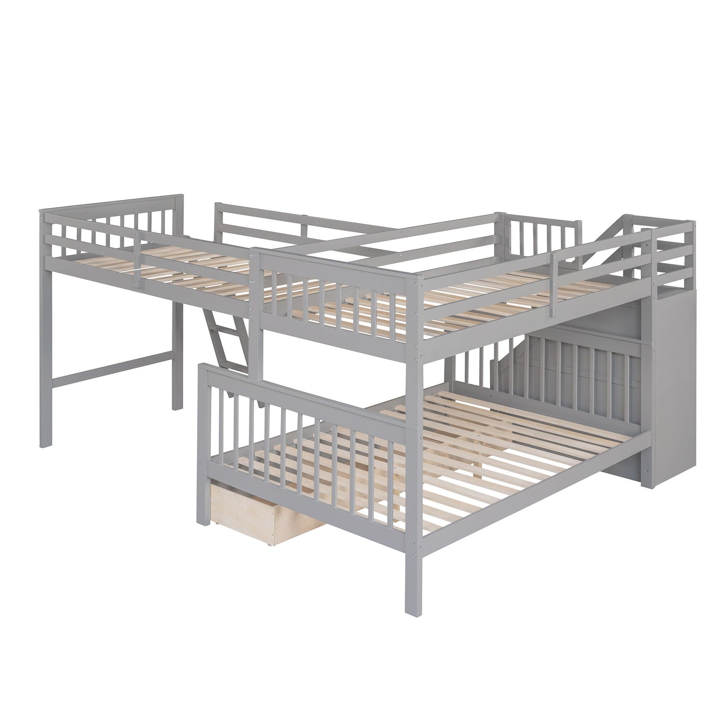 Twin Over Full L Shaped Bunk Bed & 3 Drawers, Ladder And Staircase - Gray
