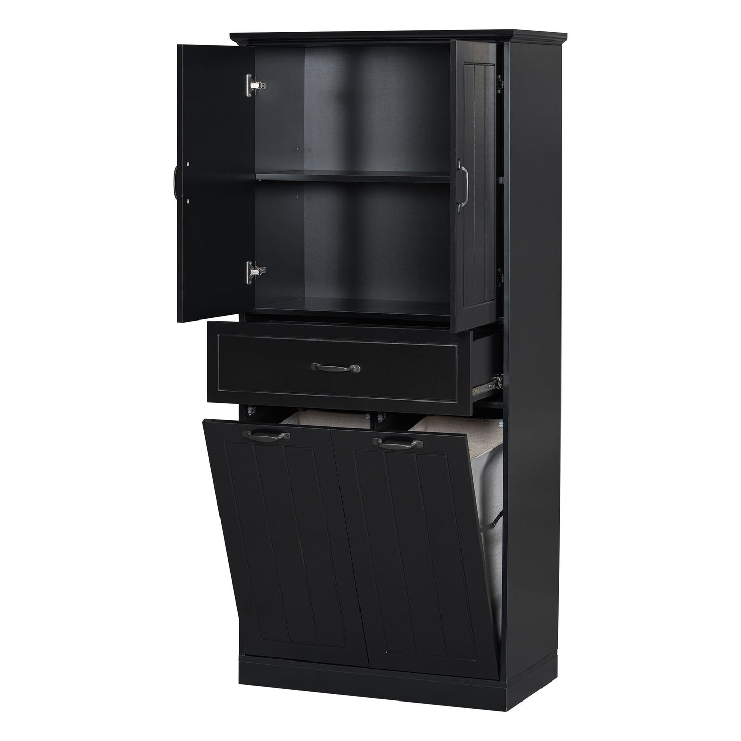 Stylish Bathroom Storage Cabinet With 2 Laundry Baskets And Drawer - Black