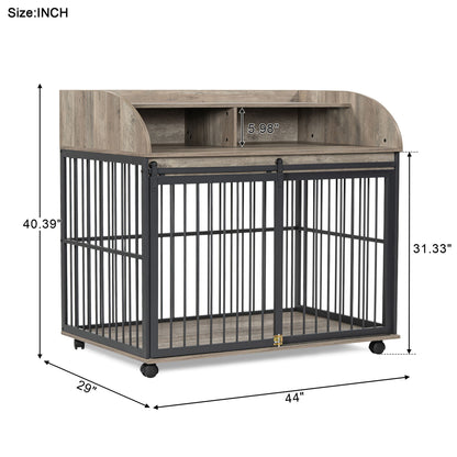 44'' Heavy Duty Large Dog Crate Furniture For Large Medium Dog With Lockable Wheels, Wooden Dog Crate Dog Kennel, End Table Crate With Double Layer Storage - Gray