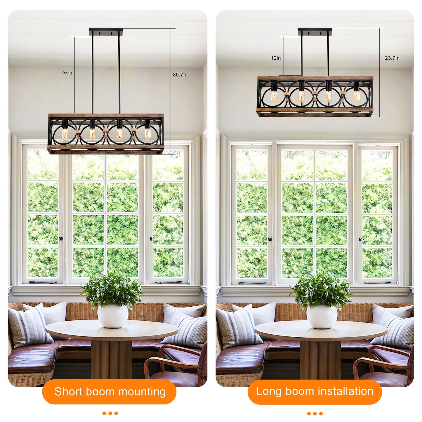 4 Light (Bulb No Included) Farmhouse Rectangle Pendant Light, Wood Texture Vintage Rustic Chandeliers Metal Industrial Hanging Light Fixtures For Kitchen, Entryway, Dining Room - Black / Natural