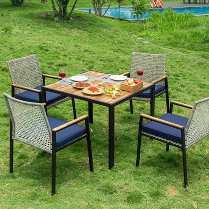 All Weather 5 Piece Patio Dining Table Sets With Acacia Wood Top And Umbrella Hole, Rattan Outdoor - Light Gray