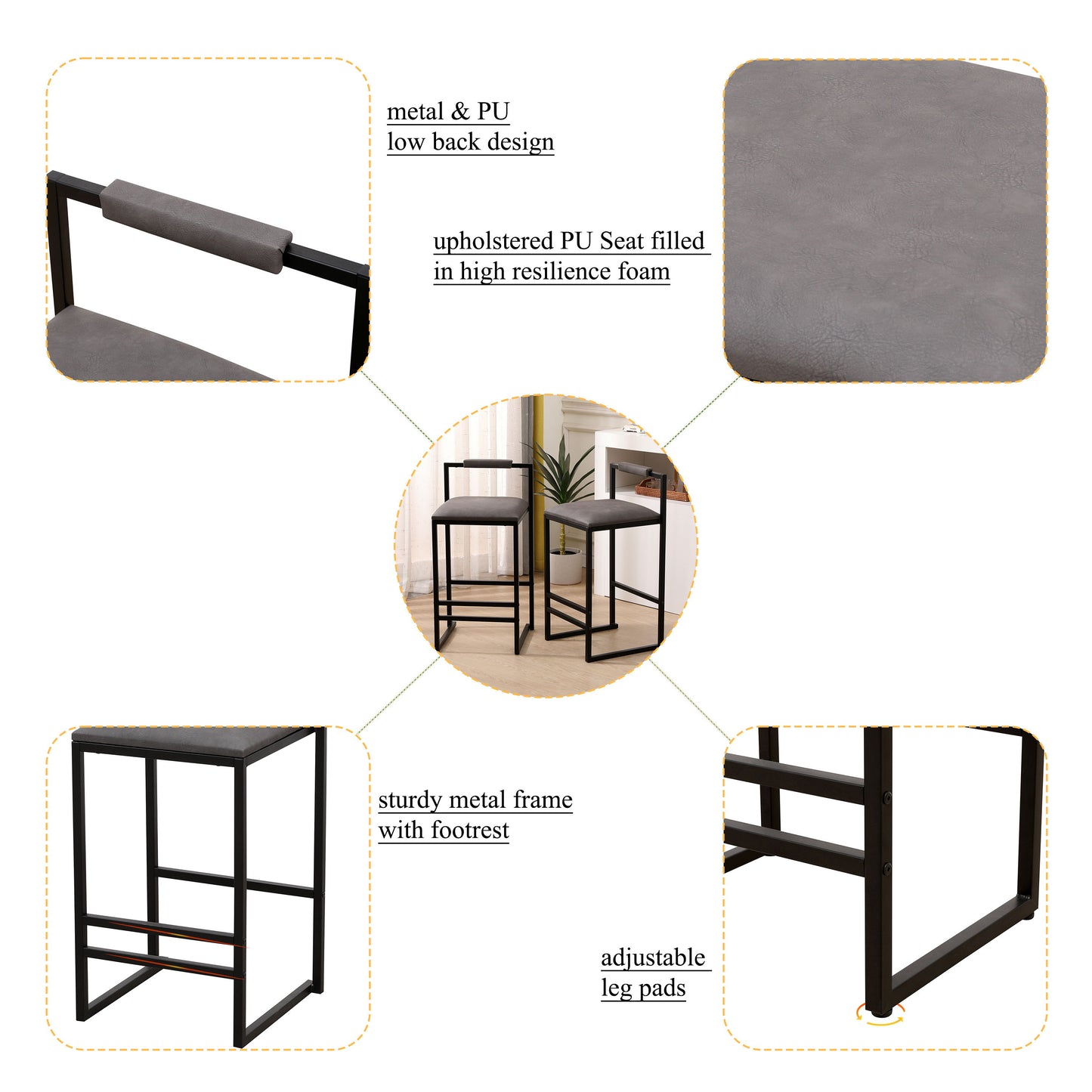Modern Armless Metal Legs Kitchen Island Stools With Back Upholstered Chairs 2 Piece Set - Gray