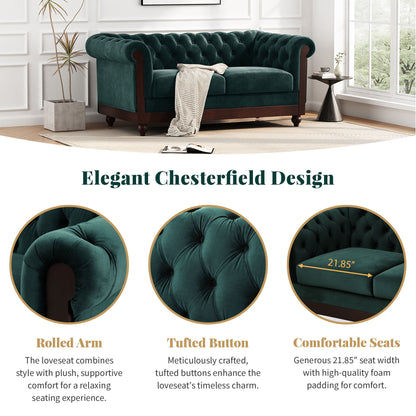 Chesterfield Velvet Loveseat Sofa 2 Person Rolled Arm Upholstered Couch - Forest Green