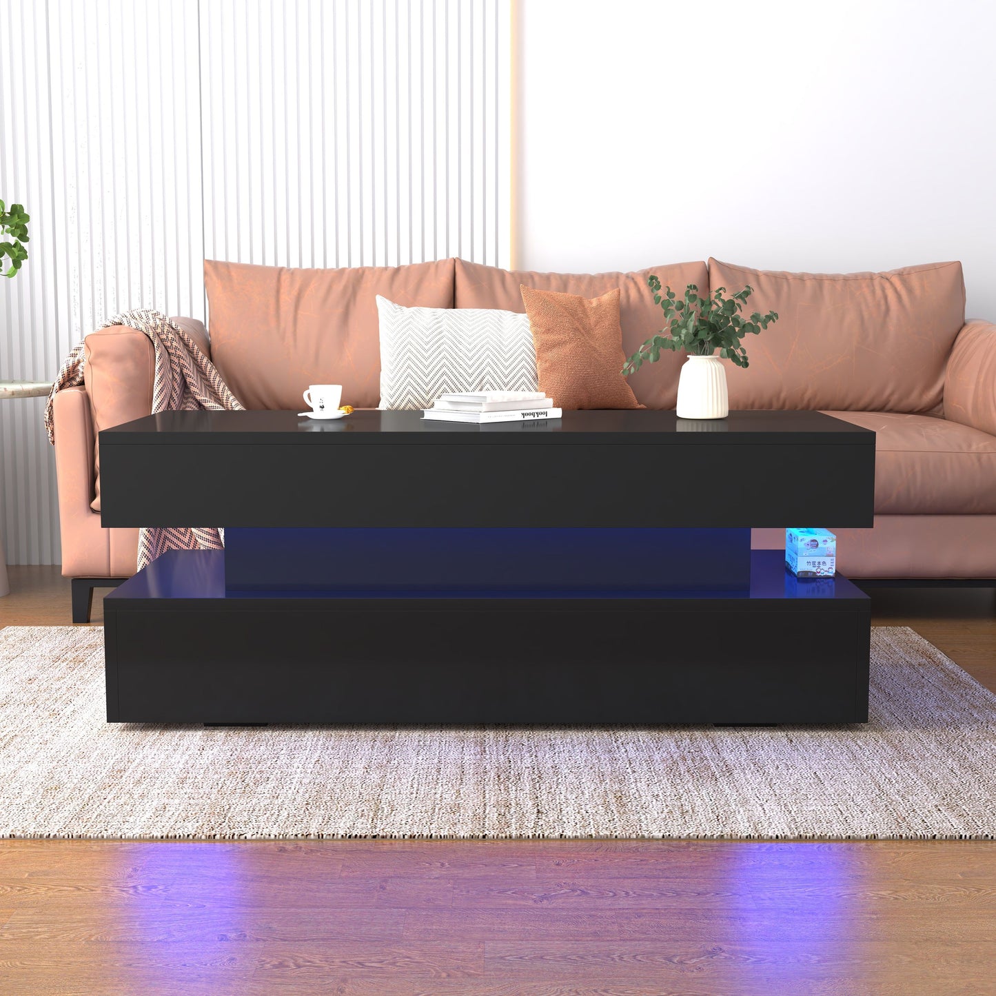 High Quality Foldable 3 Tier Coffee Table With Drawers And LED Light - Black