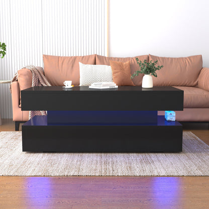 High Quality Foldable 3 Tier Coffee Table With Drawers And LED Light - Black