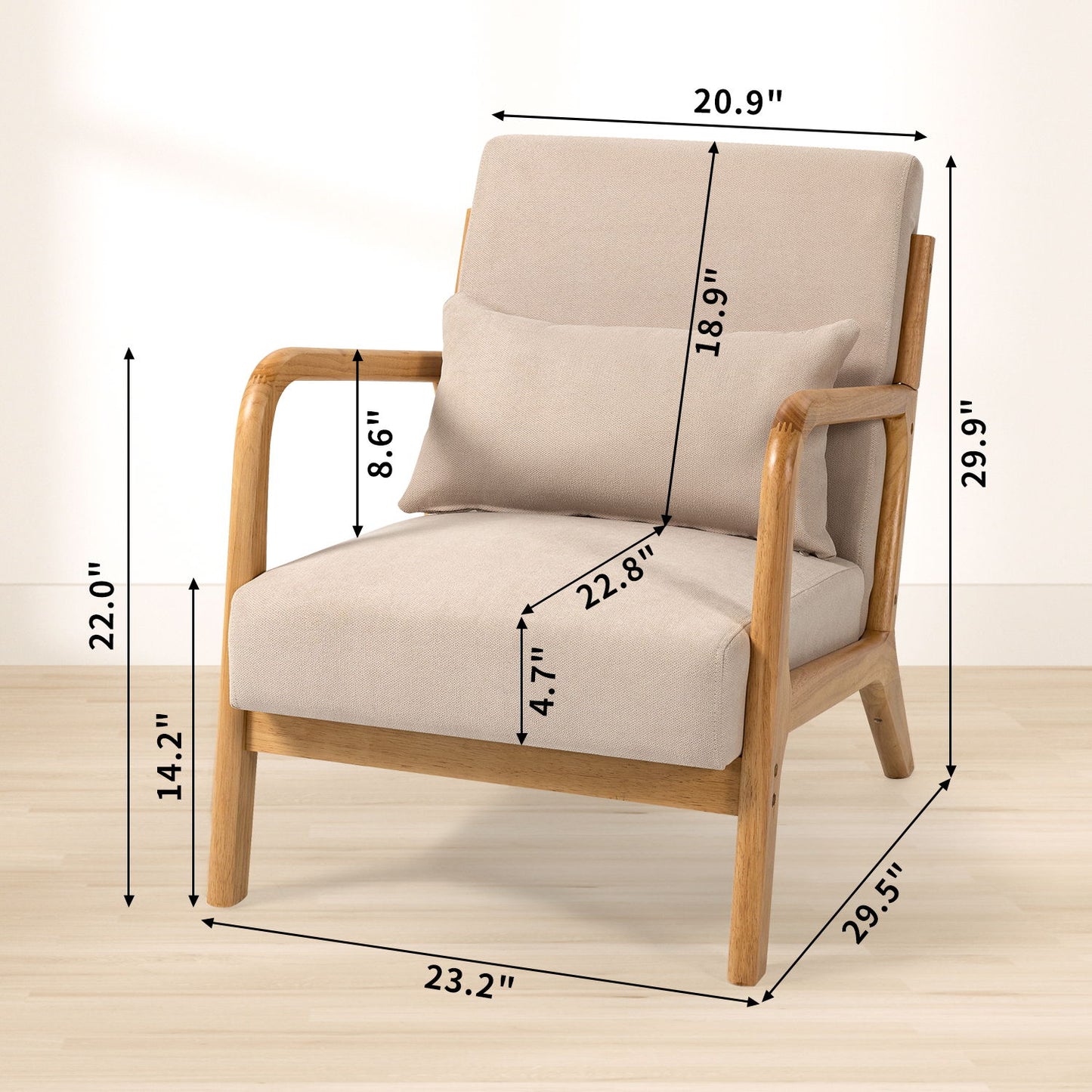Leisure Chair With Solid Wood Armrest And Feet, Mid-Century Modern Accent Sofa, 1 Seat - Beige
