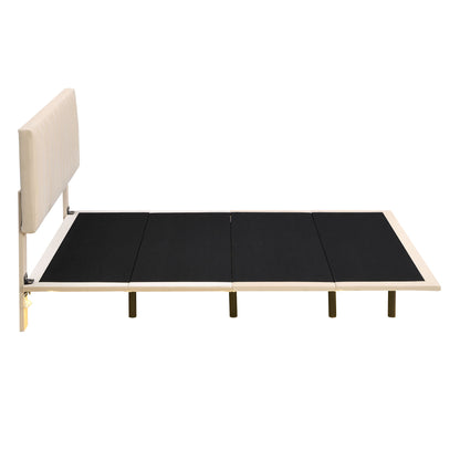 Queen Size Upholstered Bed With Sensor Light And Headboard, Floating Platform Bed - Beige