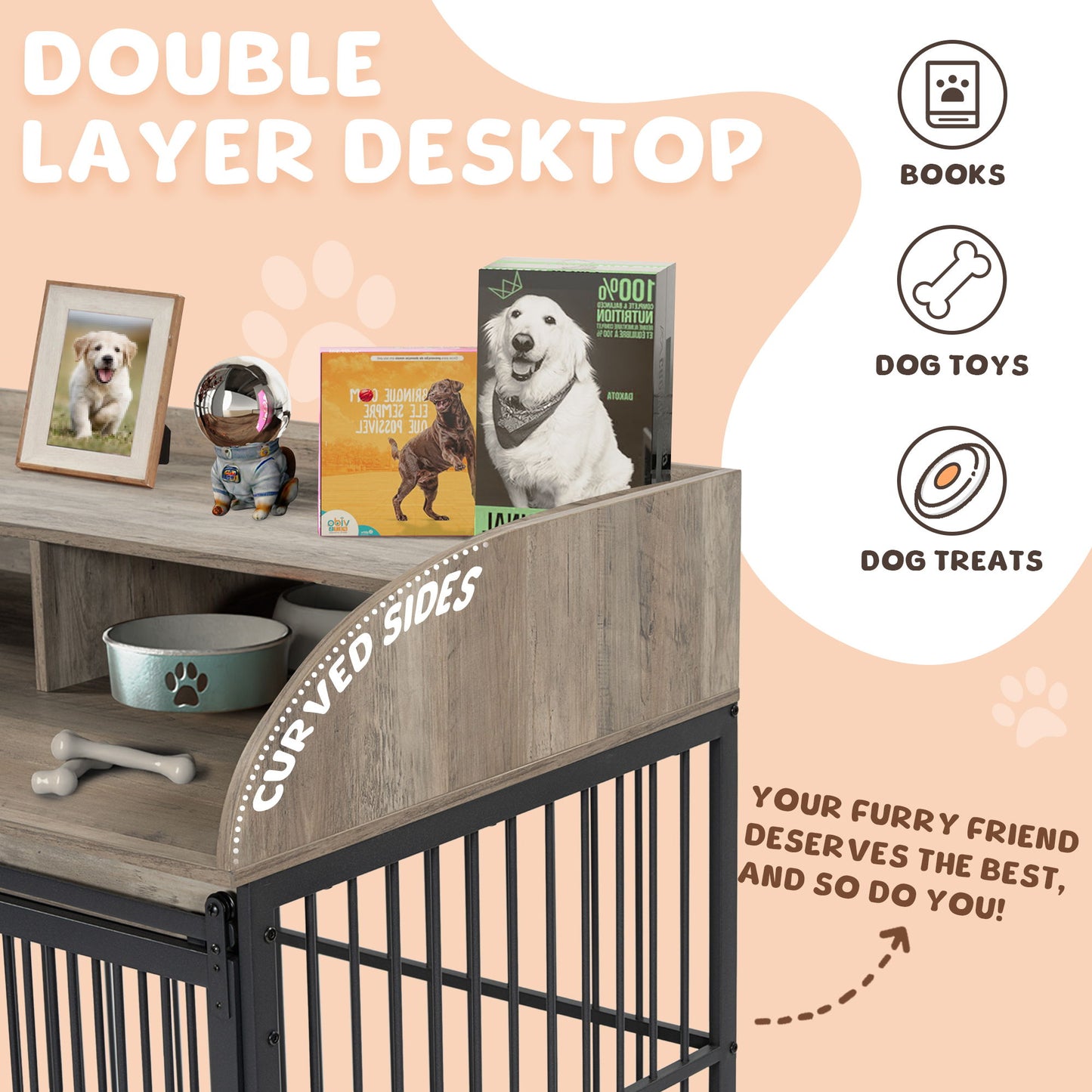 44'' Heavy Duty Large Dog Crate Furniture For Large Medium Dog With Lockable Wheels, Wooden Dog Crate Dog Kennel, End Table Crate With Double Layer Storage - Gray