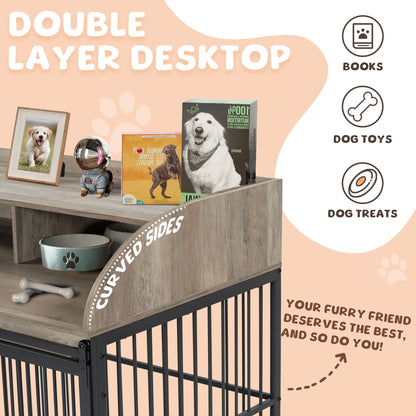 44'' Heavy Duty Large Dog Crate Furniture For Large Medium Dog With Lockable Wheels, Wooden Dog Crate Dog Kennel, End Table Crate With Double Layer Storage - Gray