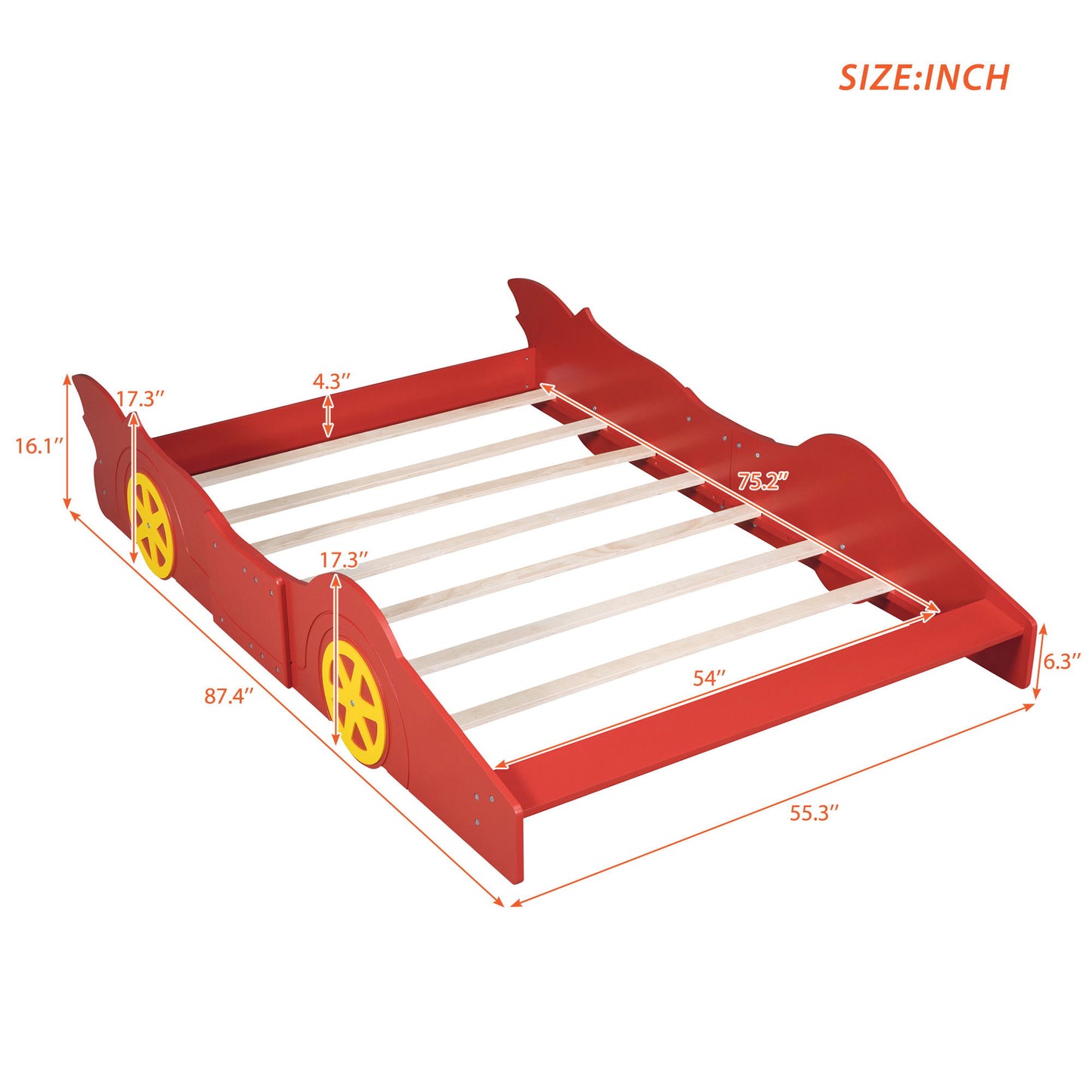 Full Size Race Car Shaped Platform Bed & Wheels - Red