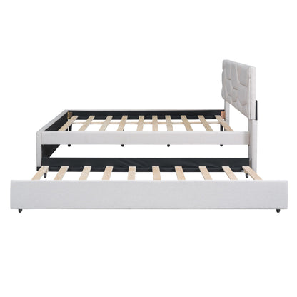 Full Size Upholstered Platform Bed With Brick Pattern Headboard And Twin Size Trundle - Beige
