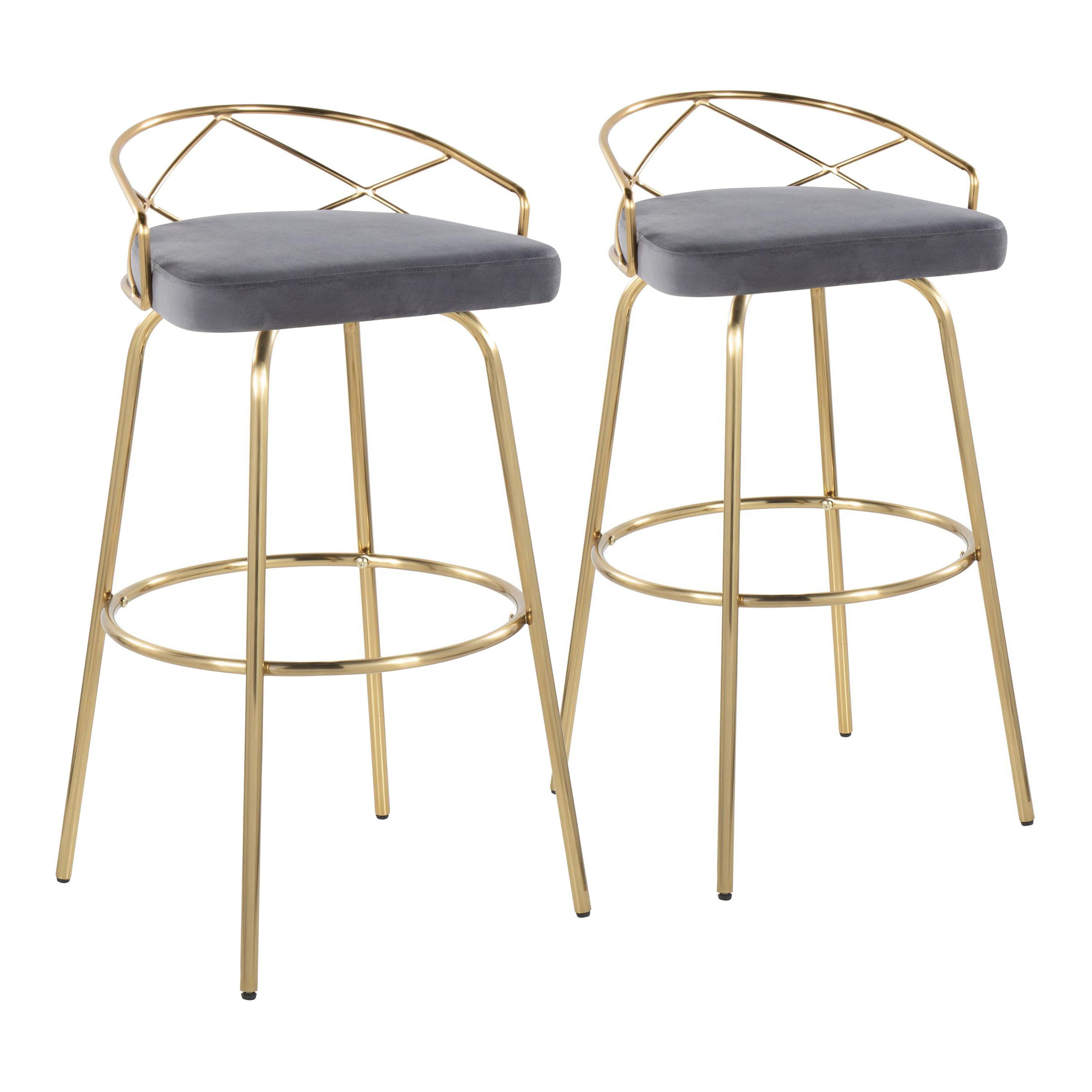 Charlotte - Glam Glam / Art Deco Fixed Height Barstool With Swivel With Round Footrest (Set of 2) - Gold / Gray