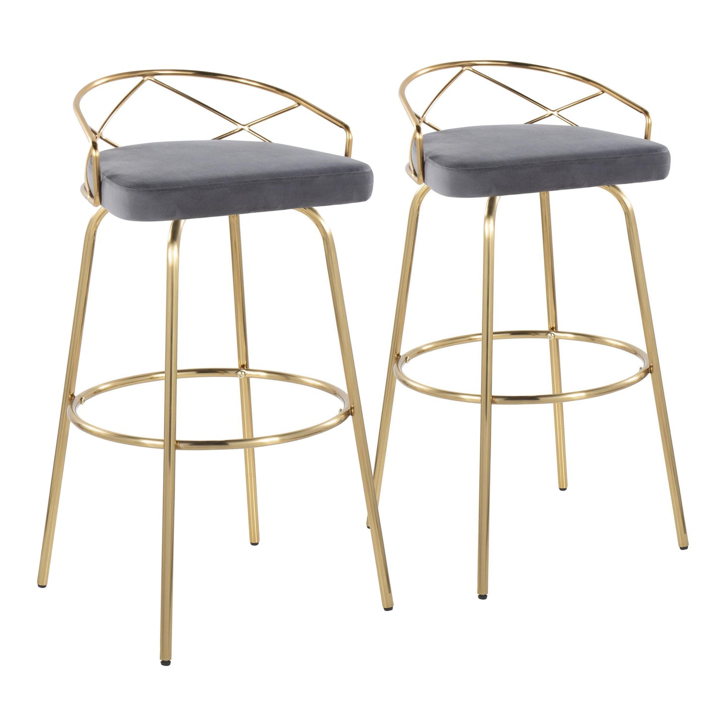 Charlotte - Glam Glam / Art Deco Fixed Height Barstool With Swivel With Round Footrest (Set of 2) - Gold / Gray