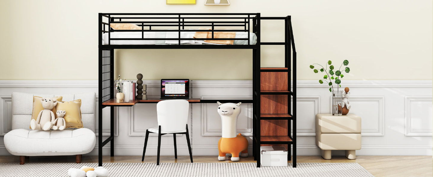 Twin Size Loft Bed With Desk And Grid, Stylish Frame With Lateral Storage Ladder And Wardrobe - Black