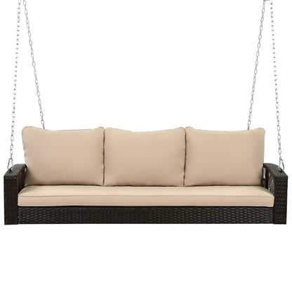 3 Person Porch Swing With Chains, Large Patio Swing Bench With Cushions For Backyard, Garden, And Poolside - Brown